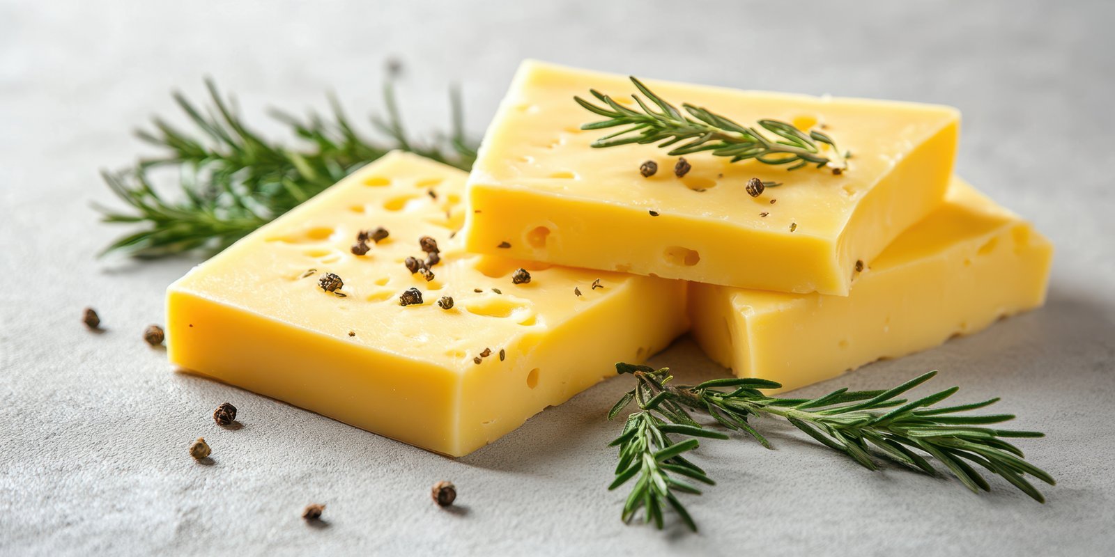 Delightful yellow cheese blocks garnished with black pepper and fresh herbs on a textured surface